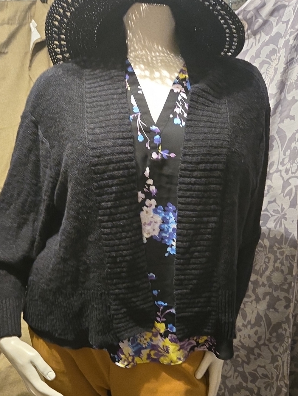 a.n.a Black Open-Front Ribbed Shawl Collar Cardigan